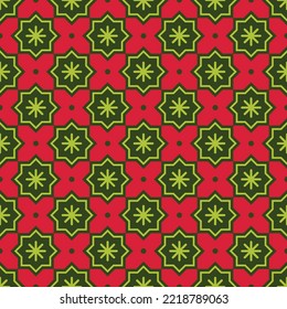 Patrón abstracto de Navidad. Patrón luminoso y sin fisuras con estrellas y copos de nieve sobre un fondo. Textura festiva simple geométrica. Ciruela de mosaico. Ilustración vectorial controlada. Rojo, verde claro, verde.