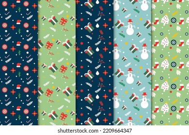 Christmas abstract pattern collection with gifts and leaves. Seamless pattern set design with Christmas elements vector. Abstract Christmas pattern bundle with green and dark backgrounds.
