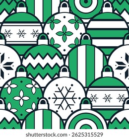 Patrón Abstractas de Navidades con diferentes adornos de bolas de Navidad. Fondo geométrico sin fisuras. Feliz Navidades, feliz diseño de año Nuevo. Estilo plano de moda. Ilustración vectorial en Verde Blanco Negro