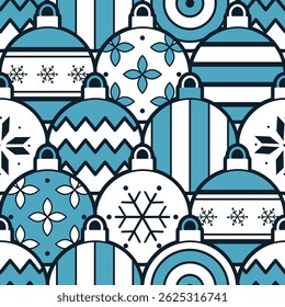 Christmas Abstract Pattern with Different Ghristmas Balls Ornaments. Seamless Geometric Background. Merry Christmas, Happy New Year Design. Trendy Flat Style. Vector illustration in Blue White Black