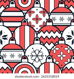 Christmas Abstract Pattern with Different Ghristmas Balls Ornaments. Seamless Geometric Background. Merry Christmas, Happy New Year Design. Trendy Flat Style. Vector illustration in Red White Black