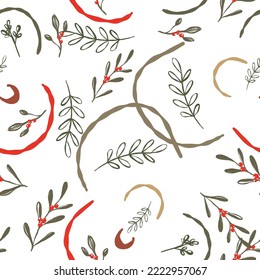 Christmas abstract pattern on a white background. Green twigs with red berries. New Year's print for wrapping paper