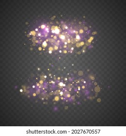 Christmas abstract pattern. Purple fireworks explosion dust vector. Festive purple and golden luminous background with golden colorful lights bokeh. Colorful blue bokeh effect. 