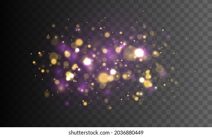 Patrón abstracto de Navidad. Explosión de fuegos artificiales púrpuras vector de polvo. Fondo luminoso morado festivo y dorado con luces doradas y coloridas. Colorido efecto bokeh azul. 