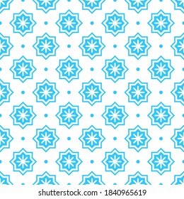 Christmas abstract pattern. Seamless pattern with blue stars and white snowflakes on a white background. Geometric simple festive texture. Mosaic plaid. Winter vector illustration.