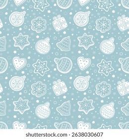 Christmas Abstract Pattern. Seamless Print with Christmas Ornaments. Christmas Balls, Bell, Heart, Star, Gift Box, Flower. Winter Holiday Background. Vector illustration on Light Blue Background