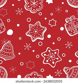 Christmas Abstract Pattern. Seamless Print with Christmas Ornaments. Silhouettes. Christmas Balls, Bell, Heart, Star, Gift Box, Flower. Winter Holiday Background. Vector illustration in White, Red