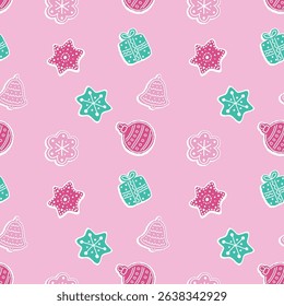 Christmas Abstract Pattern. Seamless Print with Christmas Ornaments. Christmas Balls, Bell, Star, Gift Box, Flower. Bright Winter Holiday Background. Vector illustration in Pink, Green, Red, White