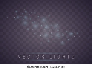 Christmas abstract pattern. Shiny stars on blue background. Sparkling magic dust particles. Blue night starry sky. White sparks and golden stars shine with special light. Vector astronomy illustration