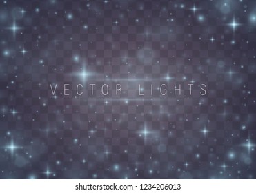 Christmas abstract pattern. Shiny stars on blue background. Sparkling magic dust particles. Blue night starry sky. White sparks and golden stars shine with special light. Vector astronomy illustration