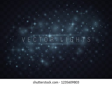 Christmas abstract pattern. Shiny stars on blue background. Sparkling magic dust particles. Blue night starry sky. White sparks and golden stars shine with special light. Vector astronomy illustration
