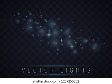 Christmas abstract pattern. Shiny stars on blue background. Sparkling magic dust particles. Blue night starry sky. White sparks and golden stars shine with special light. Vector astronomy illustration