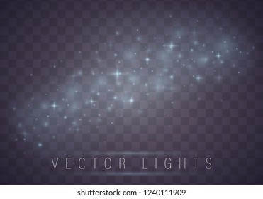 Christmas abstract pattern. Shiny stars on blue background. Sparkling magic dust particles. Blue night starry sky. White sparks and golden stars shine with special light. Vector astronomy illustration