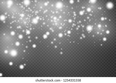 Christmas abstract pattern. Shiny stars on transparent background. Sparkling magic dust particles. . White sparks and golden stars shine with special light. Vector astronomy illustration