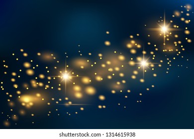 Christmas abstract pattern. Shiny stars on blue background. Sparkling magic dust particles. White sparks and golden stars shine with special light. Vector astronomy illustration