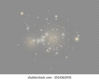 Christmas abstract pattern. White sparkles shiny special light effect. Sparkling magic dust particles on transparent background. White sparks and golden stars shine with special light. Vector.