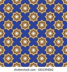 Patrón abstracto de Navidad. El invierno es fluido, con galletas estrella y copos de nieve en un fondo azul. Textura festiva simple geométrica. Ciruela de mosaico. Ilustración vectorial controlada.