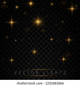 Christmas abstract pattern. Yellow sparks and stars glitter special light effect. Sparkling magic dust particles. Glow transparent vector, explosion, glitter.