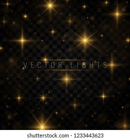 Christmas abstract pattern. Yellow sparks and stars glitter special light effect. Sparkling magic dust particles. Glow transparent vector, explosion, glitter.