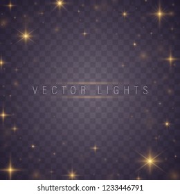 Christmas abstract pattern. Yellow sparks and stars glitter special light effect. Sparkling magic dust particles. Glow transparent vector, explosion, glitter.