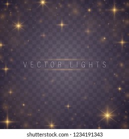 Christmas abstract pattern. Yellow sparks and stars glitter special light effect. Sparkling magic dust particles. Glow transparent vector, explosion, glitter.