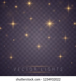 Christmas abstract pattern. Yellow sparks and stars glitter special light effect. Sparkling magic dust particles. Glow transparent vector, explosion, glitter.