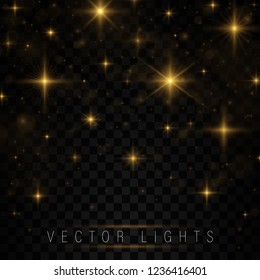 Christmas abstract pattern. Yellow sparks and stars glitter special light effect. Sparkling magic dust particles. Glow transparent vector, explosion, glitter.