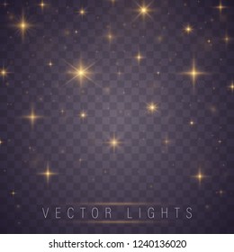 Christmas abstract pattern. Yellow sparks and stars glitter special light effect. Sparkling magic dust particles. Glow transparent vector, explosion, glitter.
