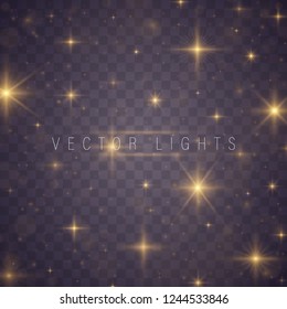 Christmas abstract pattern. Yellow sparks and stars glitter special light effect. Sparkling magic dust particles. Glow transparent vector, explosion, glitter.