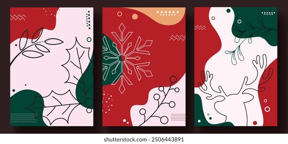 Christmas abstract poster set vector template design. Christmas colorful template with pattern and printed elements for seasonal cover layout .Vector illustration holiday season poster card collection