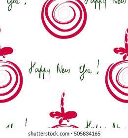 Christmas abstract seamless background with decorative stylized red spiral balls and Happy New Year words. Winter party festive design for web, poster, banner, gift wrapping paper, stationery,fabric. 