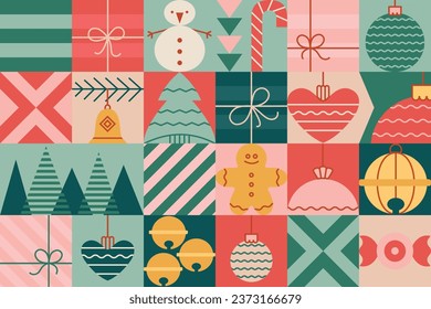 Christmas abstract seamless block pattern with toys, balls, star, soldier, tree, candle. Vintage geometrick background for wrapping, card, wallpaper.