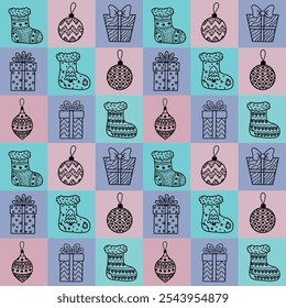 Natal abstrato padrão de bloco sem emenda com brinquedos, bolas, presentes, meias para presentes. Fundo geométrico do vetor para impressão, banner, embalagem, cartão postal, papel de parede, tecido,
