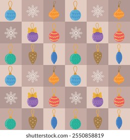 Christmas abstract seamless block pattern with Christmas toys, balloons and snowflakes. Vector geometric background for printing, banners, packaging, postcards, wallpaper, fabric,