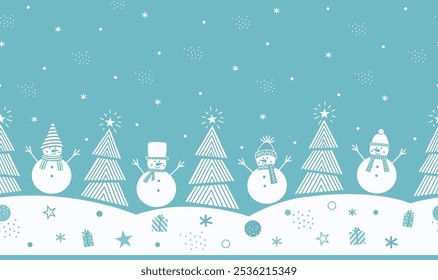 Navidades Abstractas Seamless Border. Muñecos de nieve lindos en estilo geométrico moderno. Diseño de Navidades de moda. Tarjeta de felicitación de Festiva, Anuncio, Plantilla de invitación. Ilustración vectorial en Azul, Blanco