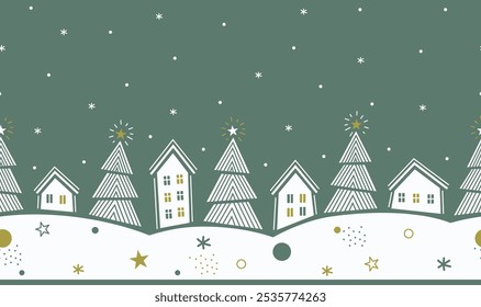Christmas Abstract Seamless Border. Winter Village in Modern Geometric Style. Trendy Christmas  Design. Holiday Greeting Card, Banner, Invitation Template. Vector Illustration in Green, White, Yellow