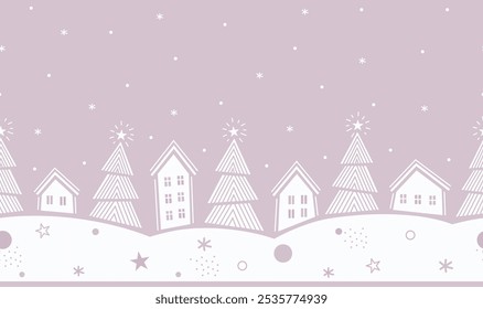 Christmas Abstract Seamless Border. Winter Village in Modern Geometric Style. Trendy Christmas Design. Holiday Greeting Card, Banner, Invitation Template. Vector Illustration in Pink, White