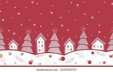 Christmas Abstract Seamless Border. Winter Village in Modern Geometric Style. Trendy Christmas  Design. Holiday Greeting Card, Banner, Invitation Template. Vector Illustration in Red, White, Yellow