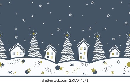 Christmas Abstract Seamless Border. Winter Village in Modern Geometric Style. Trendy Christmas  Design. Holiday Greeting Card, Banner, Invitation Template. Vector Illustration in Blue, White, Yellow