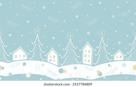 Christmas Abstract Seamless Border. Winter Village in Modern Geometric Style. Trendy Christmas Design. Holiday Greeting Card, Banner, Invitation Template. Vector Illustration in Blue, White, Yellow