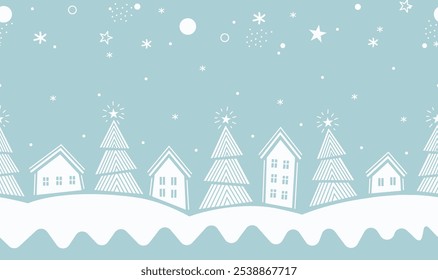 Christmas Abstract Seamless Border. Winter Village in Modern Geometric Style. Trendy Christmas Design. Holiday Greeting Card, Banner, Invitation Template. Vector Illustration in Light Blue, White