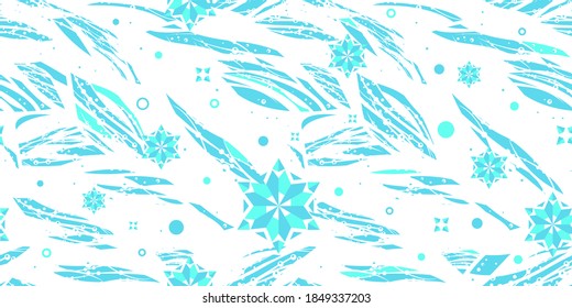 Christmas abstract seamless pattern with snowflakes and frost elements. Happy New Year flat design for wrapping paper, textile, holiday backdrop. Vector Luxury illustration. Blue and green on white