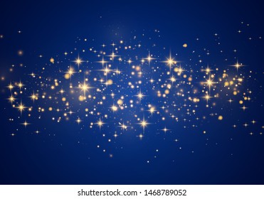 Christmas Abstract stylish light effect on a blue background. Yellow dust yellow sparks and golden stars shine with special light. Vector luxury sparkles Sparkling magical dust particles.