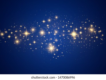 Christmas Abstract stylish light effect on a blue background. Yellow dust yellow sparks and golden stars shine with special light. Vector luxury sparkles Sparkling magical dust particles.