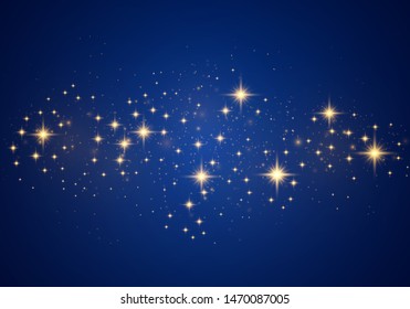 Christmas Abstract stylish light effect on a blue background. Yellow dust yellow sparks and golden stars shine with special light. Vector luxury sparkles Sparkling magical dust particles.