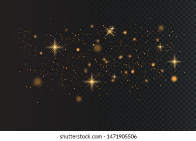 Christmas Abstract stylish light effect on a black transparent background. Yellow dust yellow sparks and golden stars shine with special light. Vector sparkles Sparkling magical dust particles.