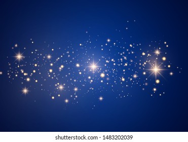 Christmas Abstract stylish light effect on a blue background. Yellow dust yellow sparks and golden stars shine with special light. Vector luxury sparkles Sparkling magical dust particles.
