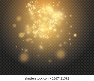 Navidad Resumen de elegante efecto de luz sobre un fondo negro transparente. El polvo amarillo chispa y las estrellas doradas brillan con especial luz. El vector esparce partículas mágicas de polvo.