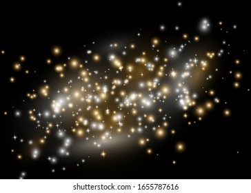 Weihnachten Abstrakter stylischer Lichteffekt auf schwarz-transparentem Hintergrund. Gelbe staubgelbe Funken und goldene Sterne leuchten mit besonderem Licht. Vektorillustration funkelt funkelnde magische Staubpartikel.