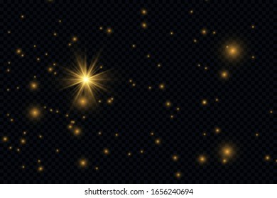 Christmas Abstract stylish light effect on a black transparent background. Yellow dust yellow sparks and golden stars shine with special light. Vector sparkles Sparkling magical dust particles.
